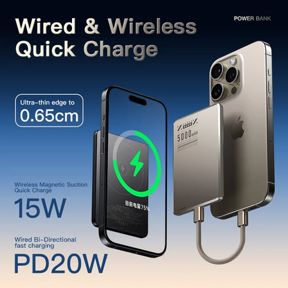 X6 2-in-1 Ultra Slim Aluminum Alloy Magnetic Wireless Fast Charging 15W Power Bank 5000mAh Li-Polymer Battery for Mobile Phones