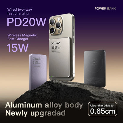 X6 2-in-1 Ultra Slim Aluminum Alloy Magnetic Wireless Fast Charging 15W Power Bank 5000mAh Li-Polymer Battery for Mobile Phones