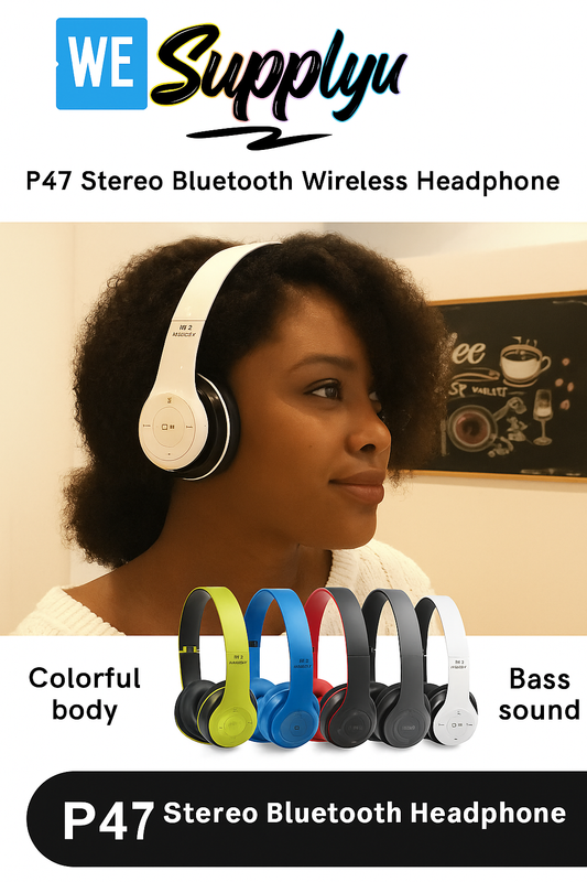 Woman wearing a white Bluetooth headset with colorful P47 stereo headphones displayed below.