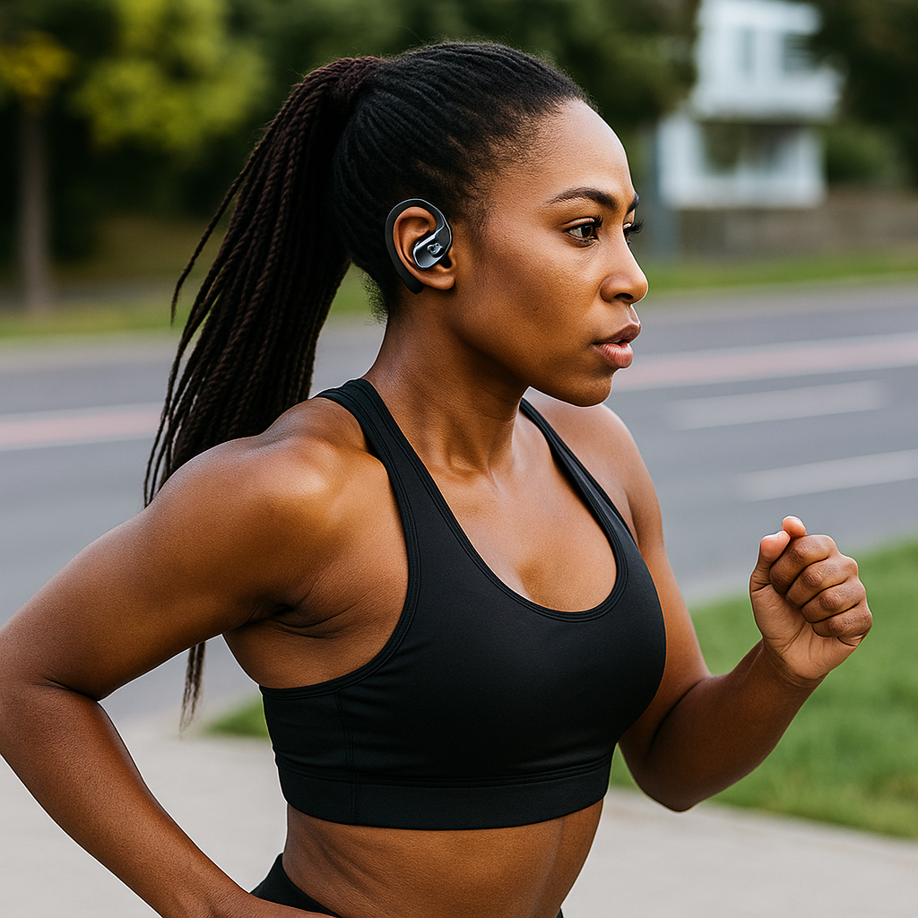 Woman running outdoors wearing a black sports bra and wireless earbuds.